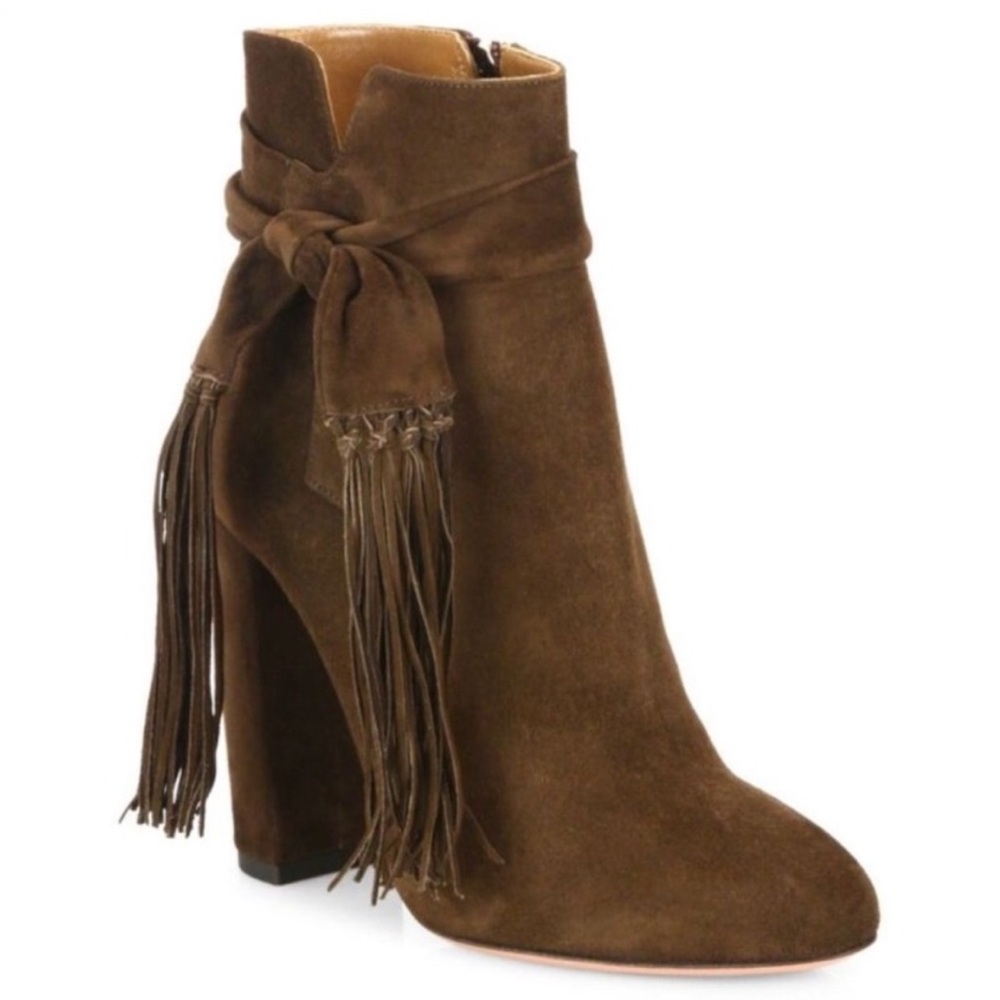 Aquazzura Tassel Suede Block Heel Ankle Booties Tonal Fringe Brown Size 38.5 NEW